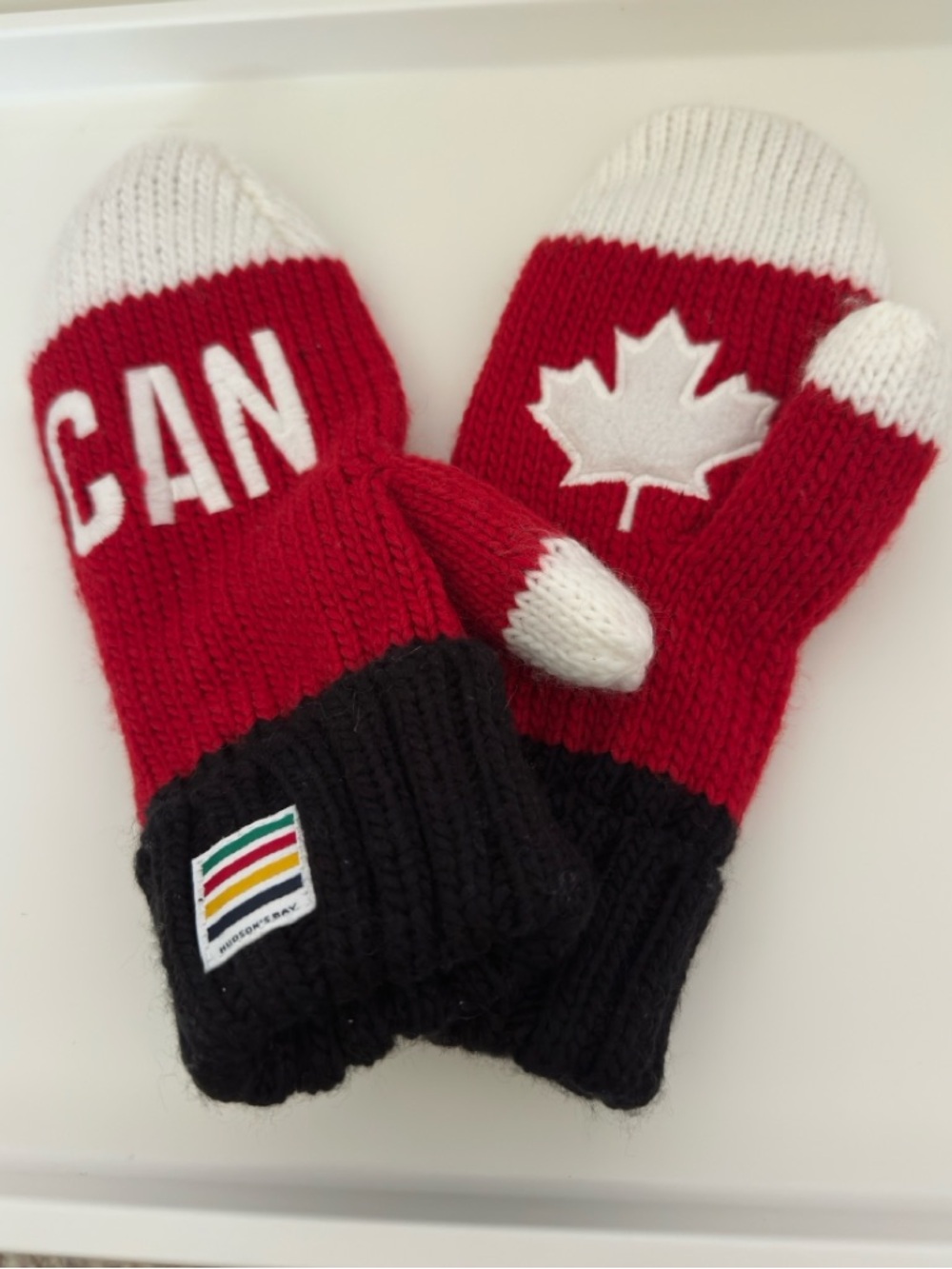 Hudson Bay Canada Maple Leaf Knit Mittens in Red, White & Black